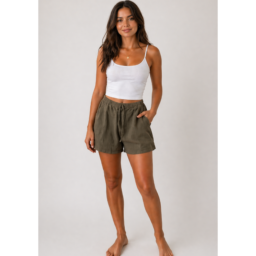 relaxed-fit linen blend shorts with elastic waistband, adjustable drawstring, and side pockets in multiple colours including beige, black, khaki, lilac, navy, and white. Front and back product views shown on a neutral background.