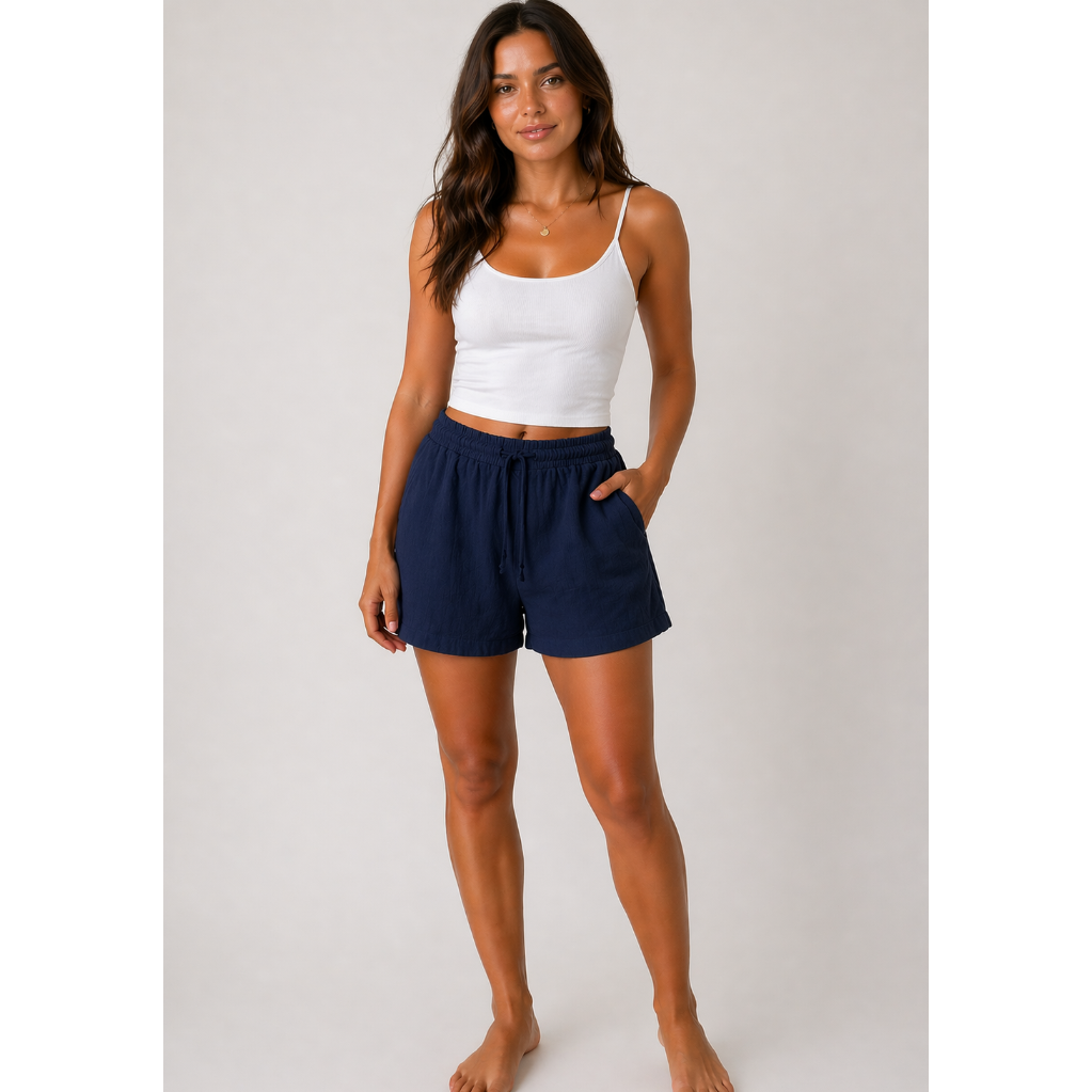 relaxed-fit linen blend shorts with elastic waistband, adjustable drawstring, and side pockets in multiple colours including beige, black, khaki, lilac, navy, and white. Front and back product views shown on a neutral background.