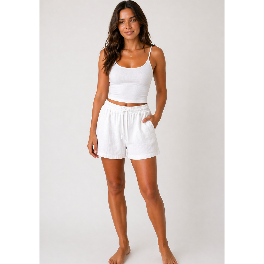 relaxed-fit linen blend shorts with elastic waistband, adjustable drawstring, and side pockets in multiple colours including beige, black, khaki, lilac, navy, and white. Front and back product views shown on a neutral background.