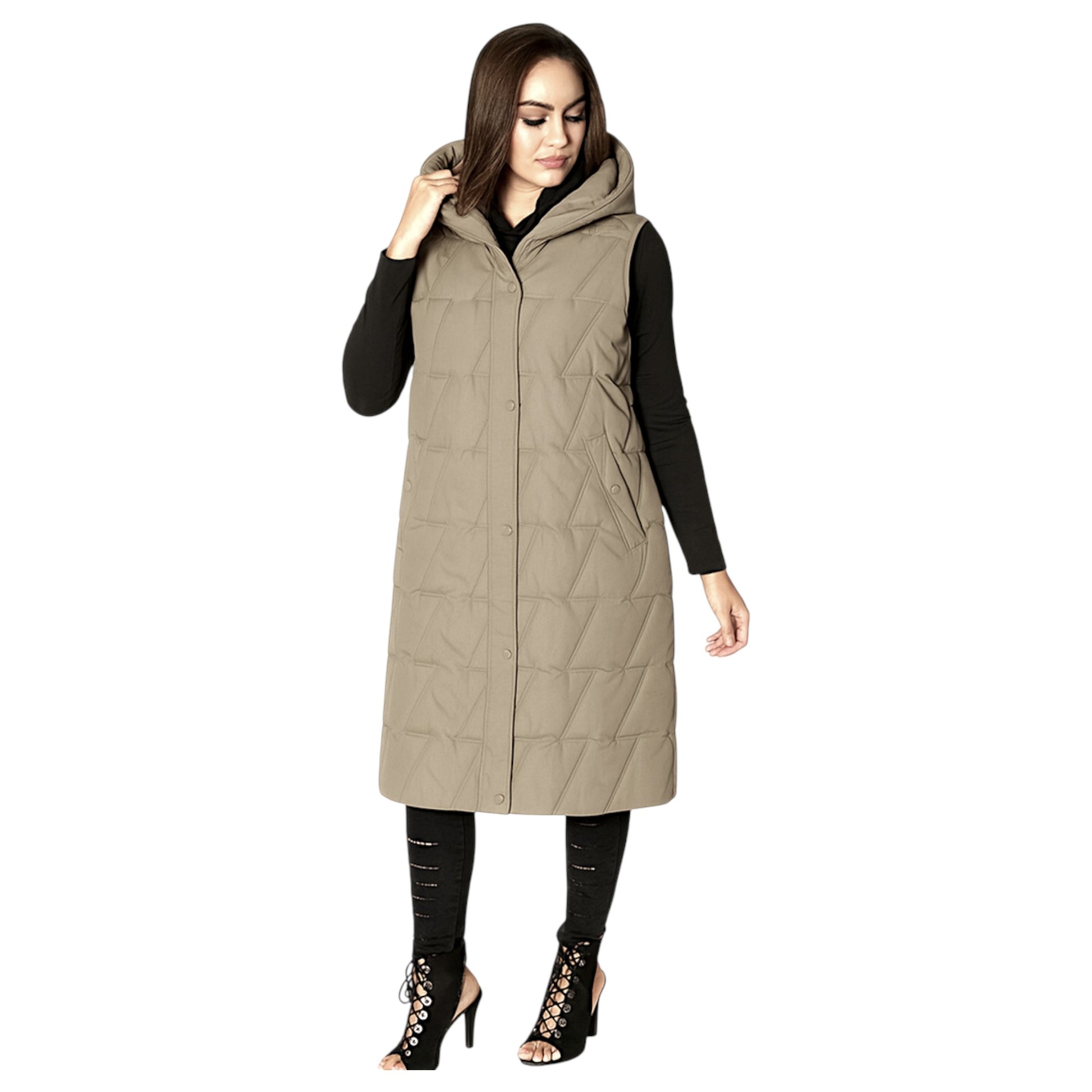 Ladies longline quilted bodywarmer in beige with hood and snap-button front
