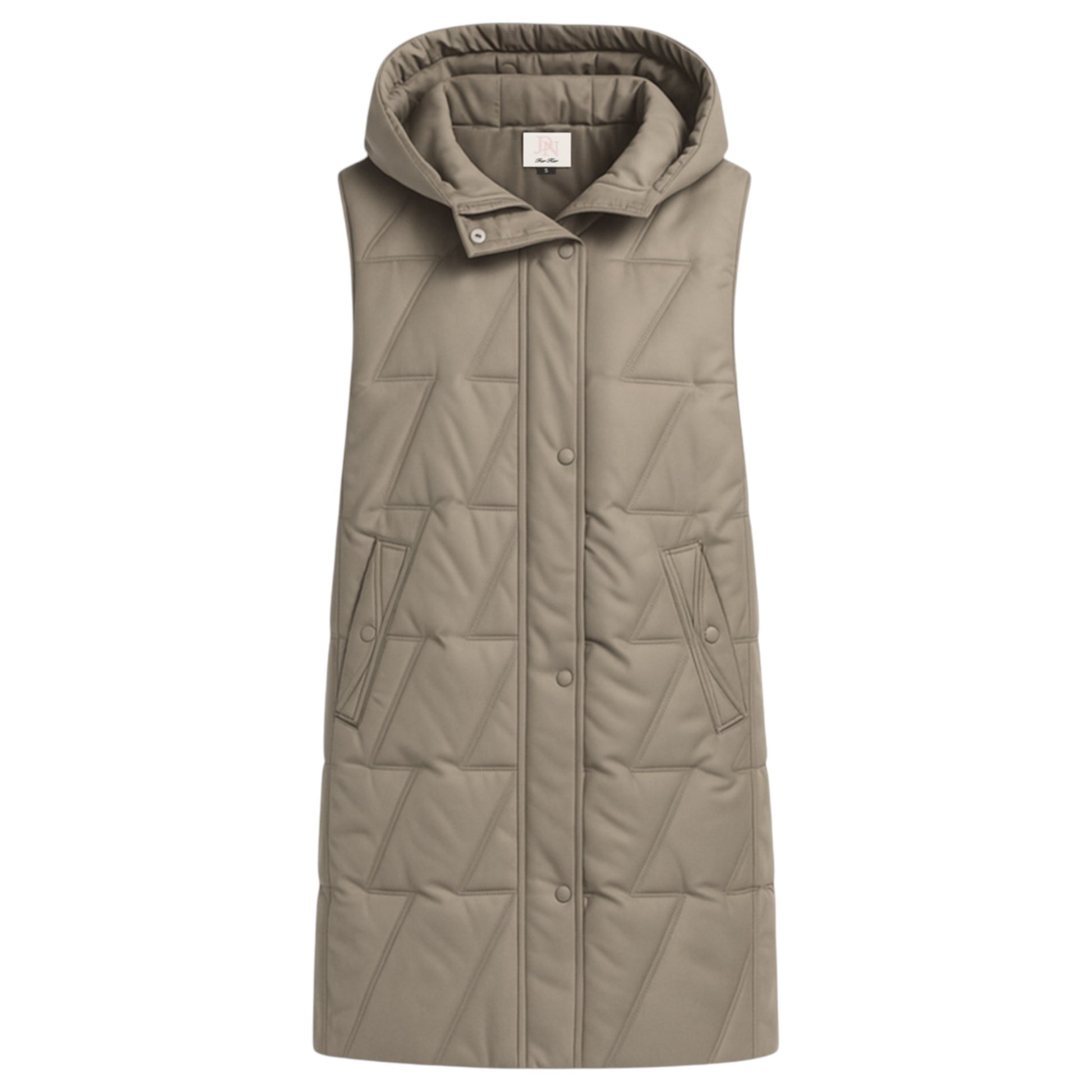 Ladies longline quilted bodywarmer in beige with hood and snap-button front