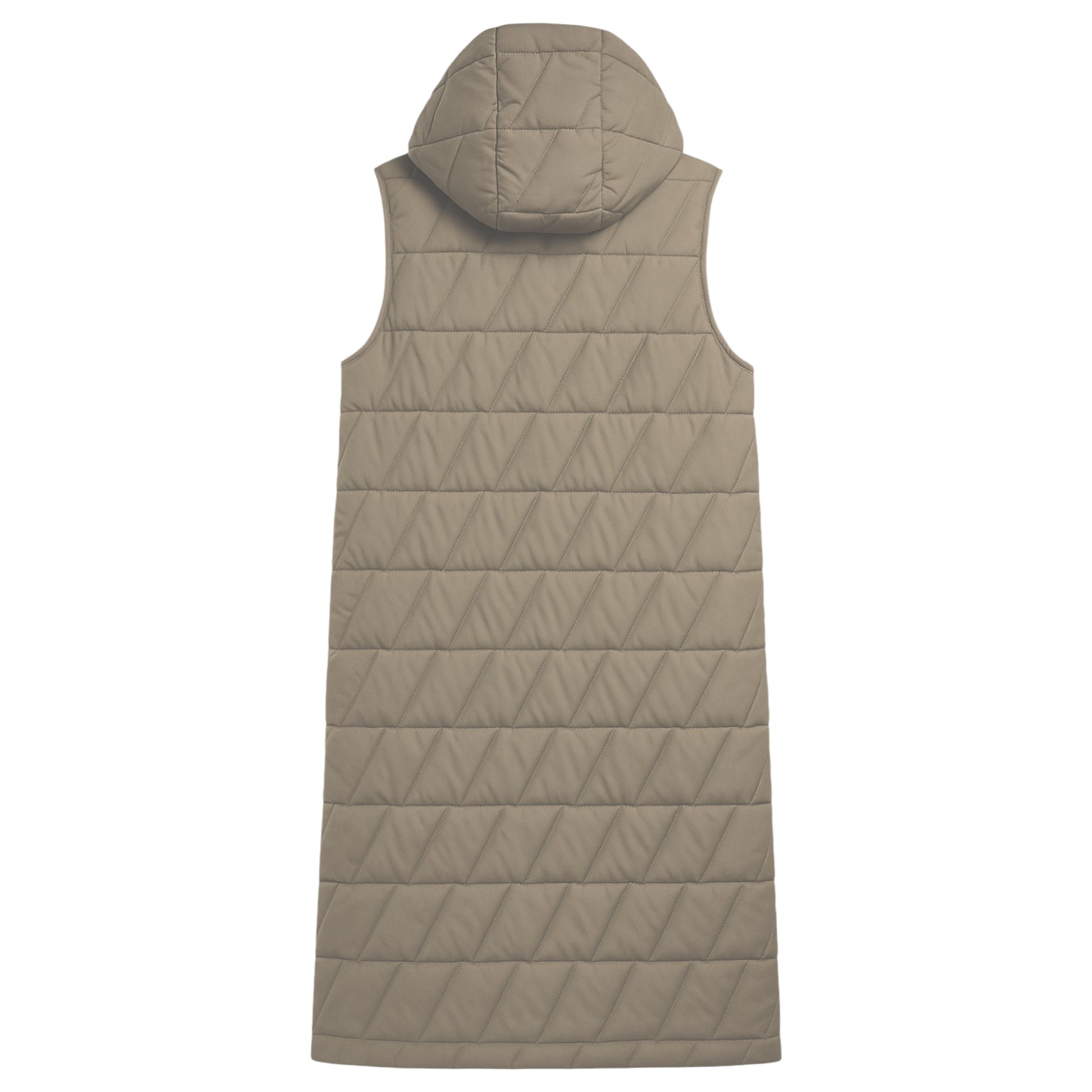 Ladies longline quilted bodywarmer in beige with hood and snap-button front