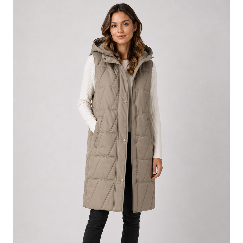 Ladies longline quilted bodywarmer in beige with hood and snap-button front