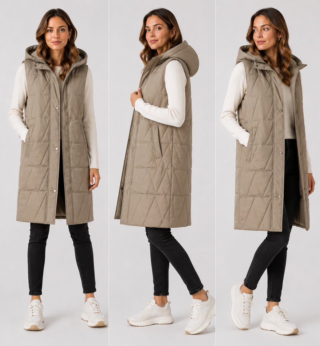 Ladies longline quilted bodywarmer in beige with hood and snap-button front