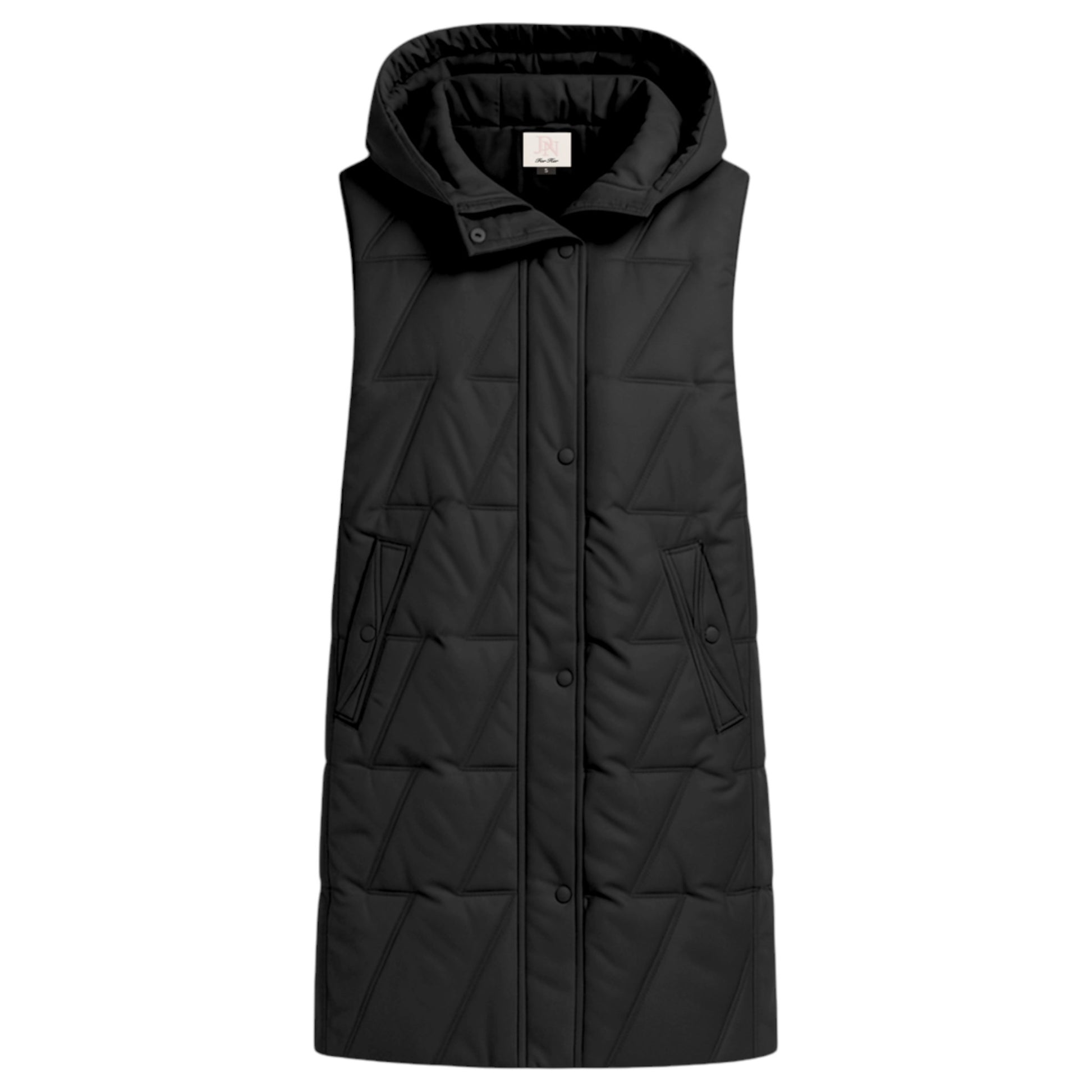 Ladies longline quilted bodywarmer in black with hood and snap-button front