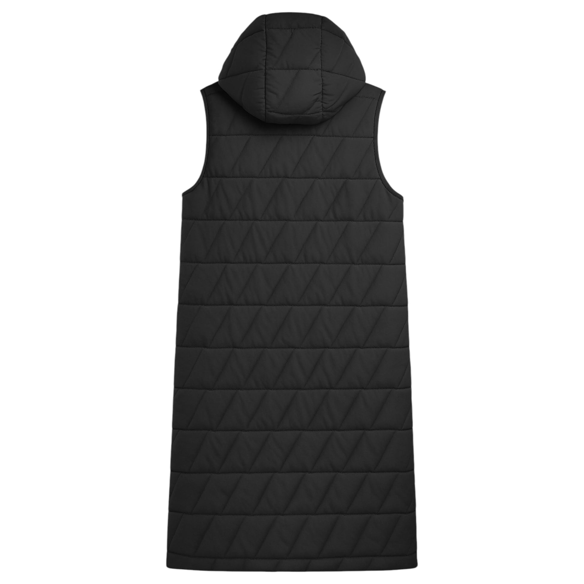Ladies longline quilted bodywarmer in black with hood and snap-button front