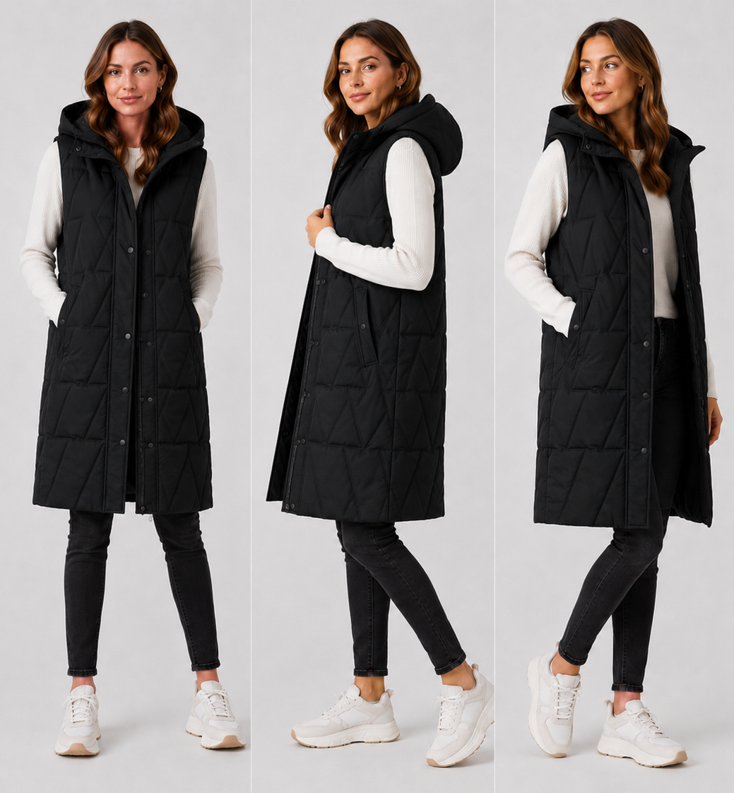 Ladies longline quilted bodywarmer in black with hood and snap-button front