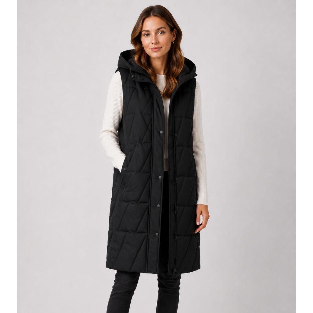 Ladies longline quilted bodywarmer in black with hood and snap-button front