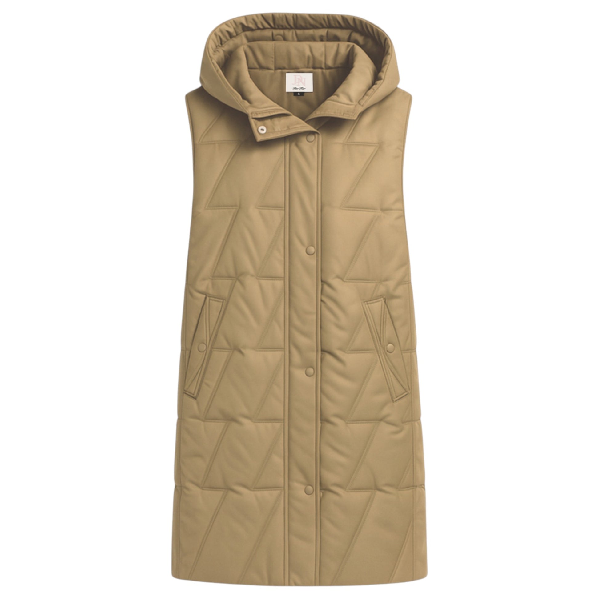 Ladies longline quilted bodywarmer in khaki with hood and snap-button front