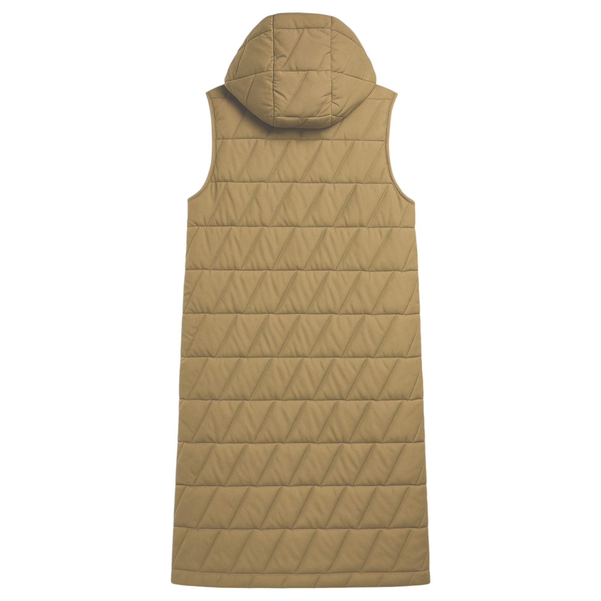Ladies longline quilted bodywarmer in khaki with hood and snap-button front