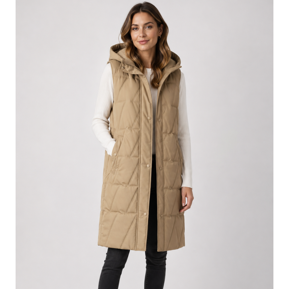 Ladies longline quilted bodywarmer in khaki with hood and snap-button front
