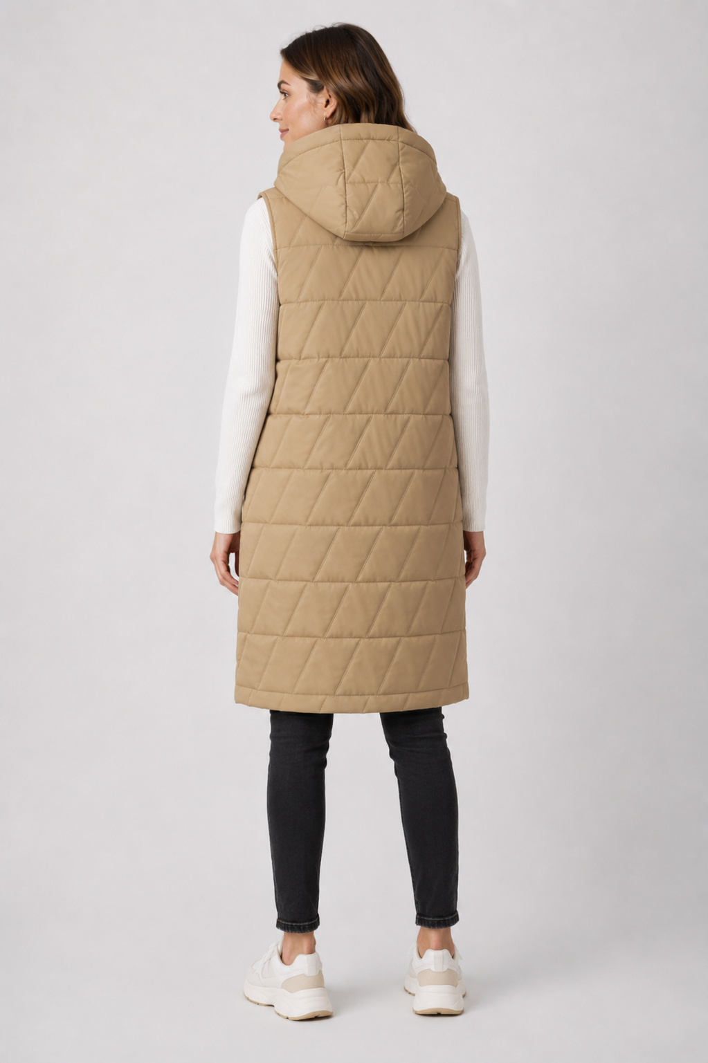 Ladies longline quilted bodywarmer in khaki with hood and snap-button front