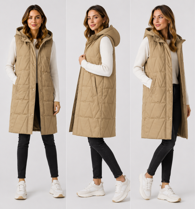 Ladies longline quilted bodywarmer in khaki with hood and snap-button front