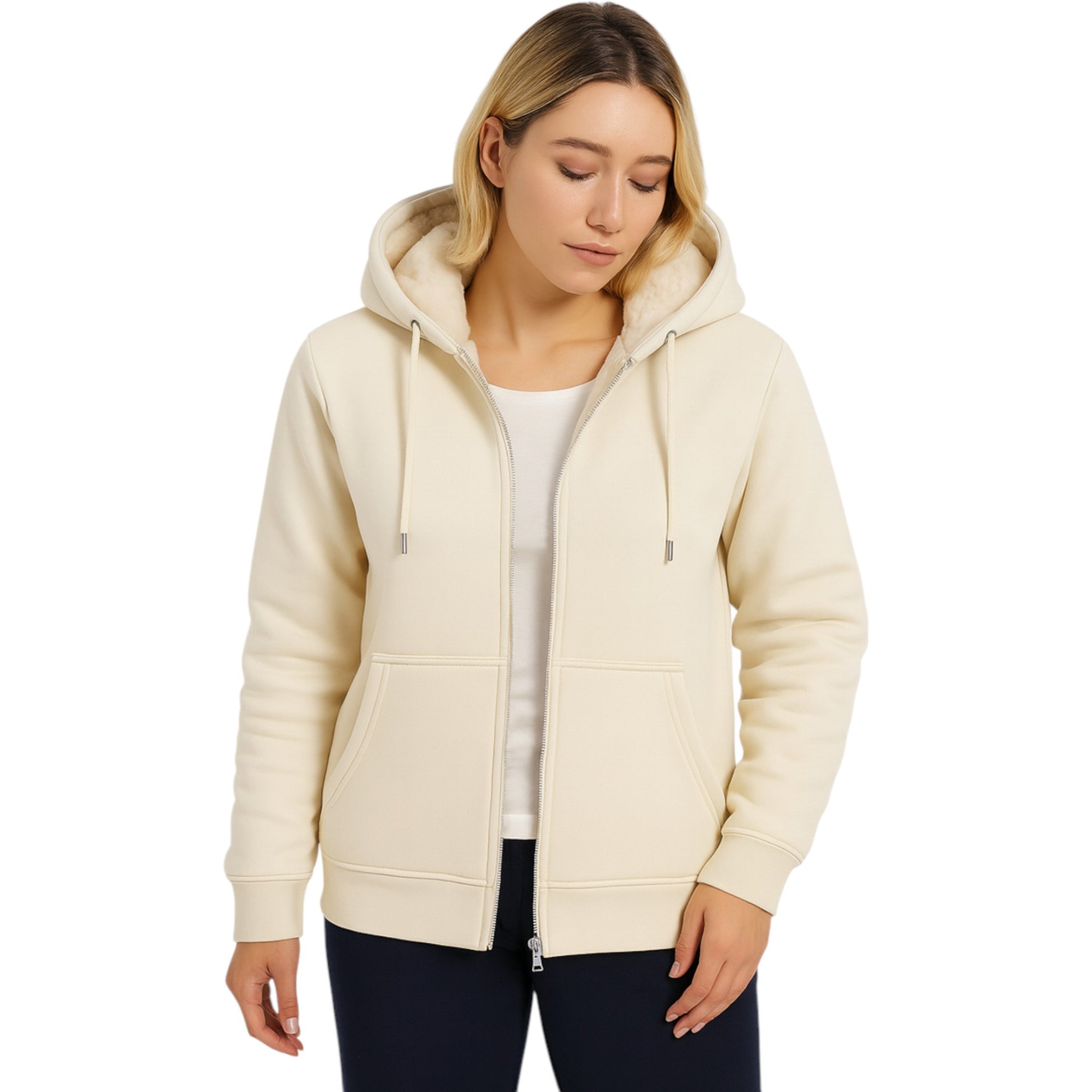 Ladies beige fur lined full zip hoodie jacket with warm fleece interio