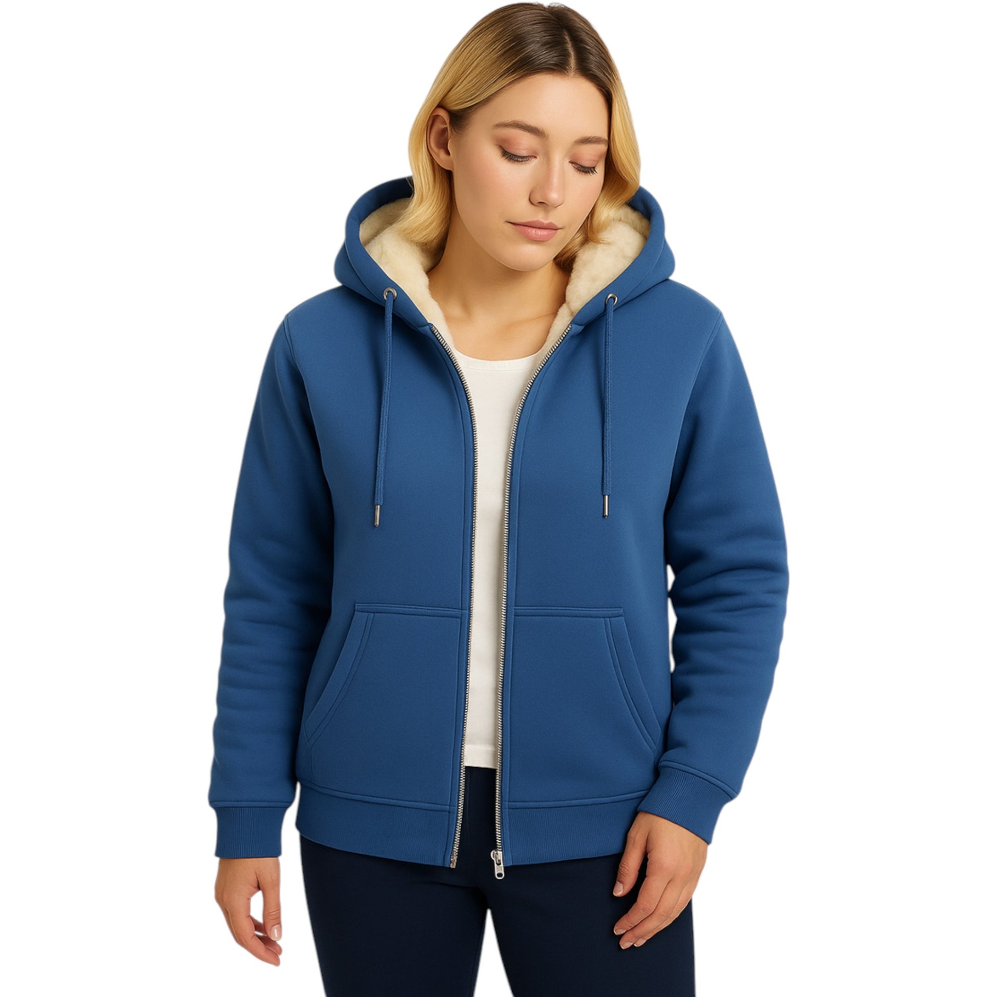 Ladies blue fur lined full zip hoodie jacket with warm fleece interior