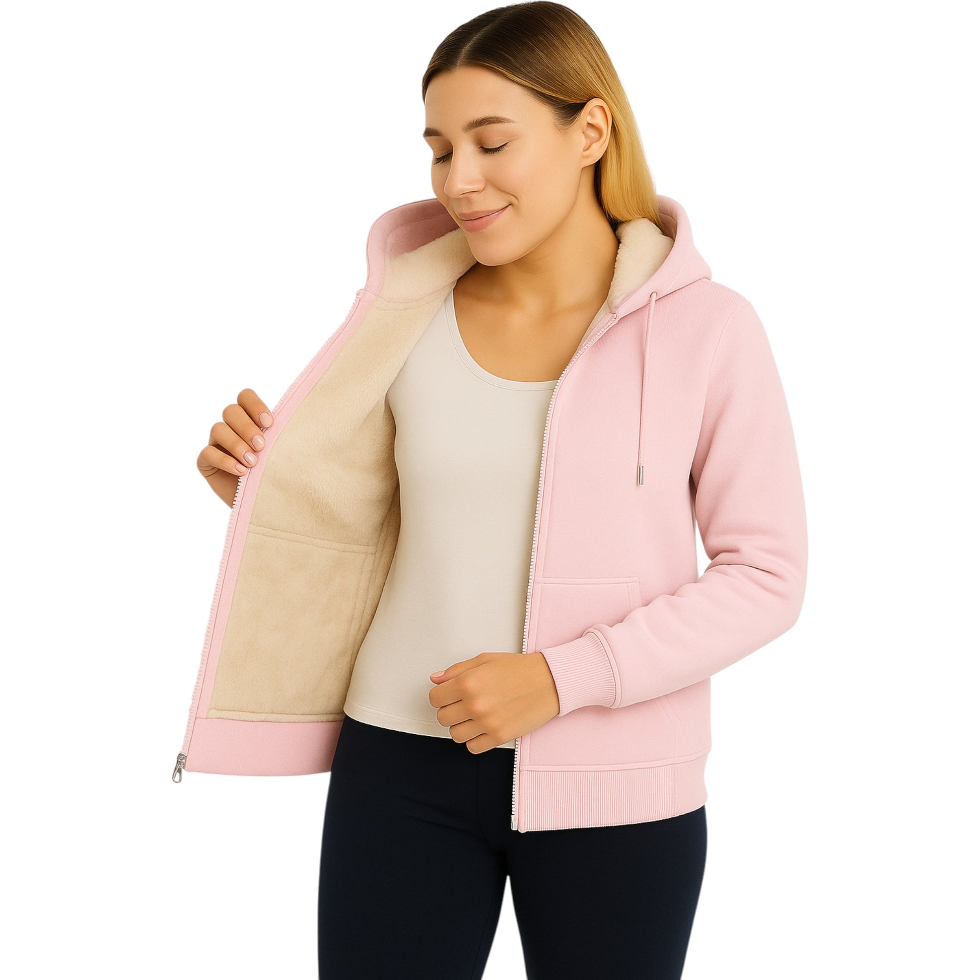 Ladies pink fur lined full zip hoodie jacket with warm fleece interior