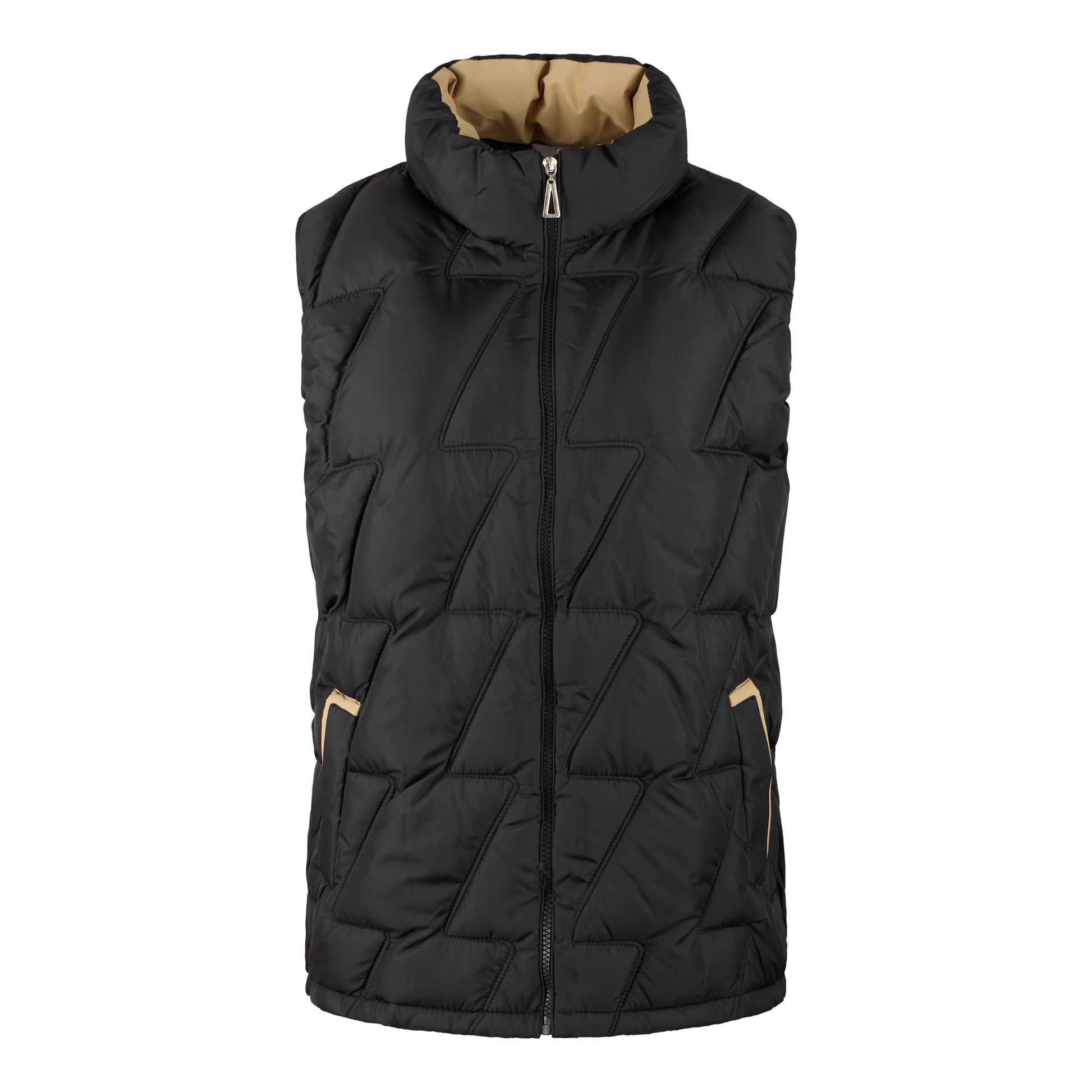 Ladies JDN branded padded gilet in black with beige lining – sleeveless zip-up jacket with high collar and side pockets