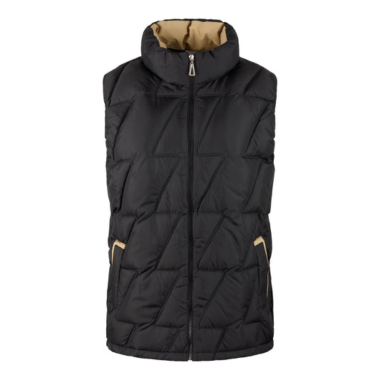 Ladies JDN branded padded gilet in black with beige lining – sleeveless zip-up jacket with high collar and side pockets