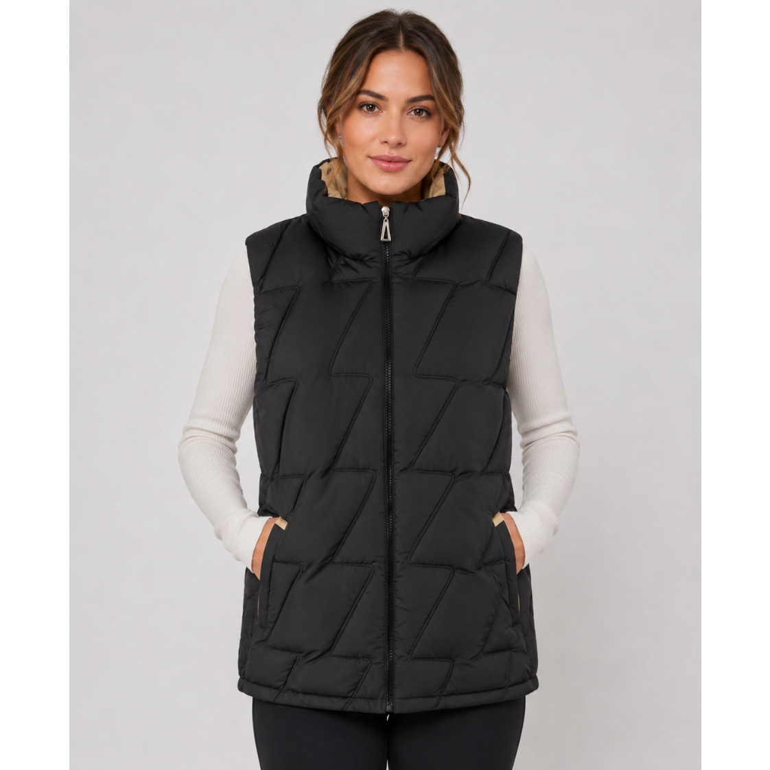 Ladies JDN branded padded gilet in black with beige lining – sleeveless zip-up jacket with high collar and side pockets