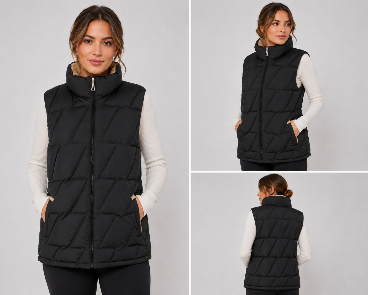 Ladies JDN branded padded gilet in black with beige lining – sleeveless zip-up jacket with high collar and side pockets