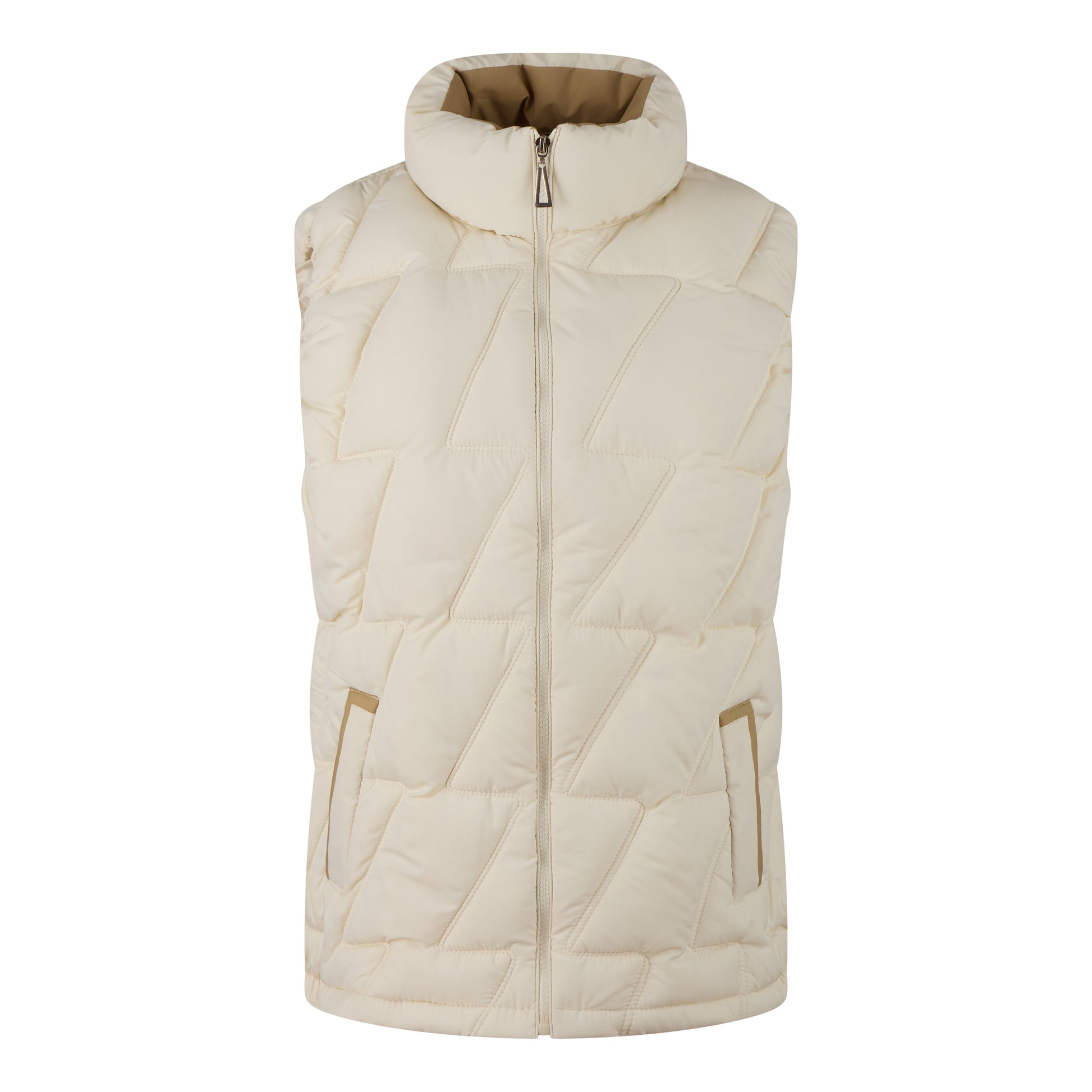 Ladies JDN branded padded gilet in cream with beige lining – sleeveless zip-up jacket with high collar and side pockets
