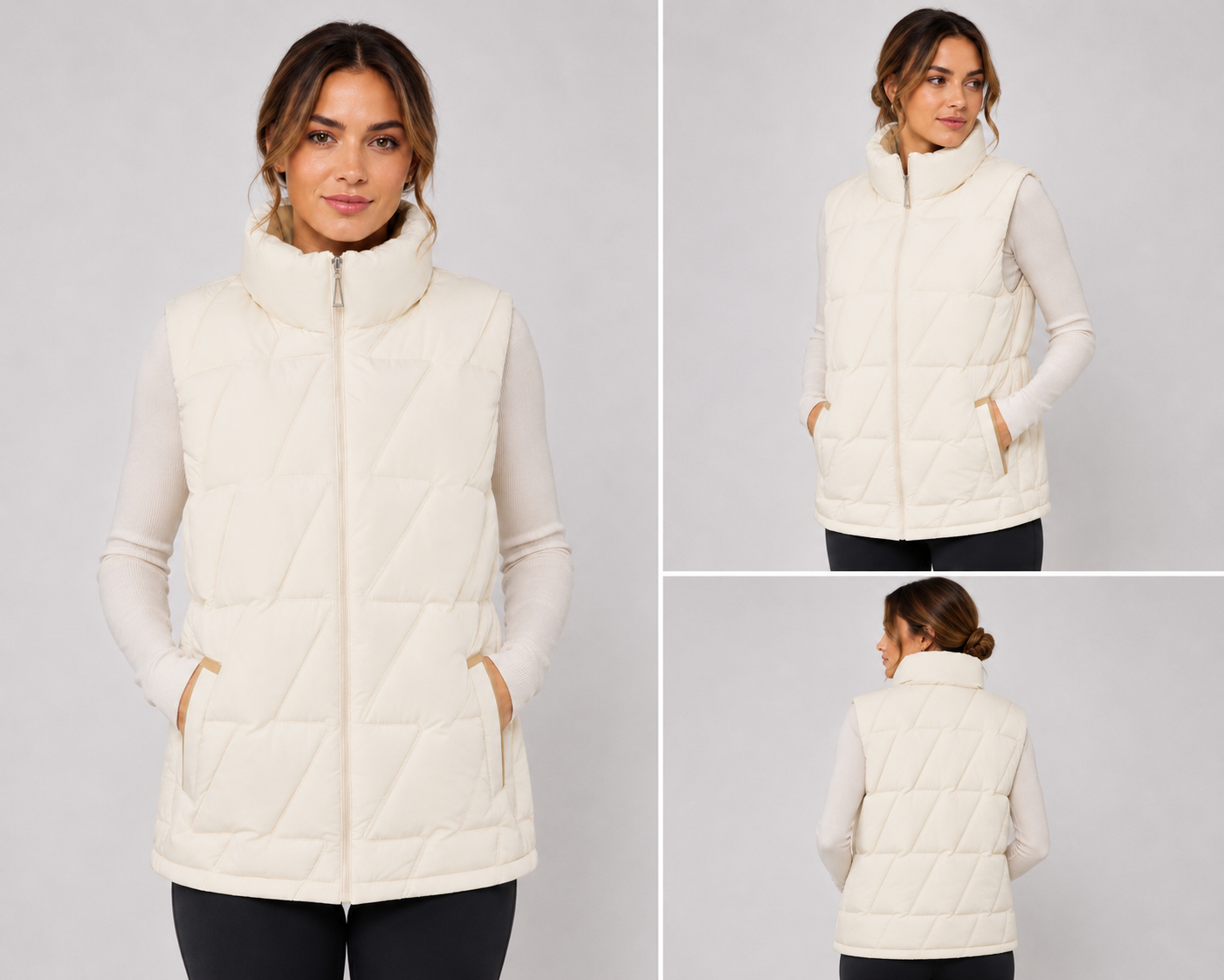 Ladies JDN branded padded gilet in cream with beige lining – sleeveless zip-up jacket with high collar and side pockets