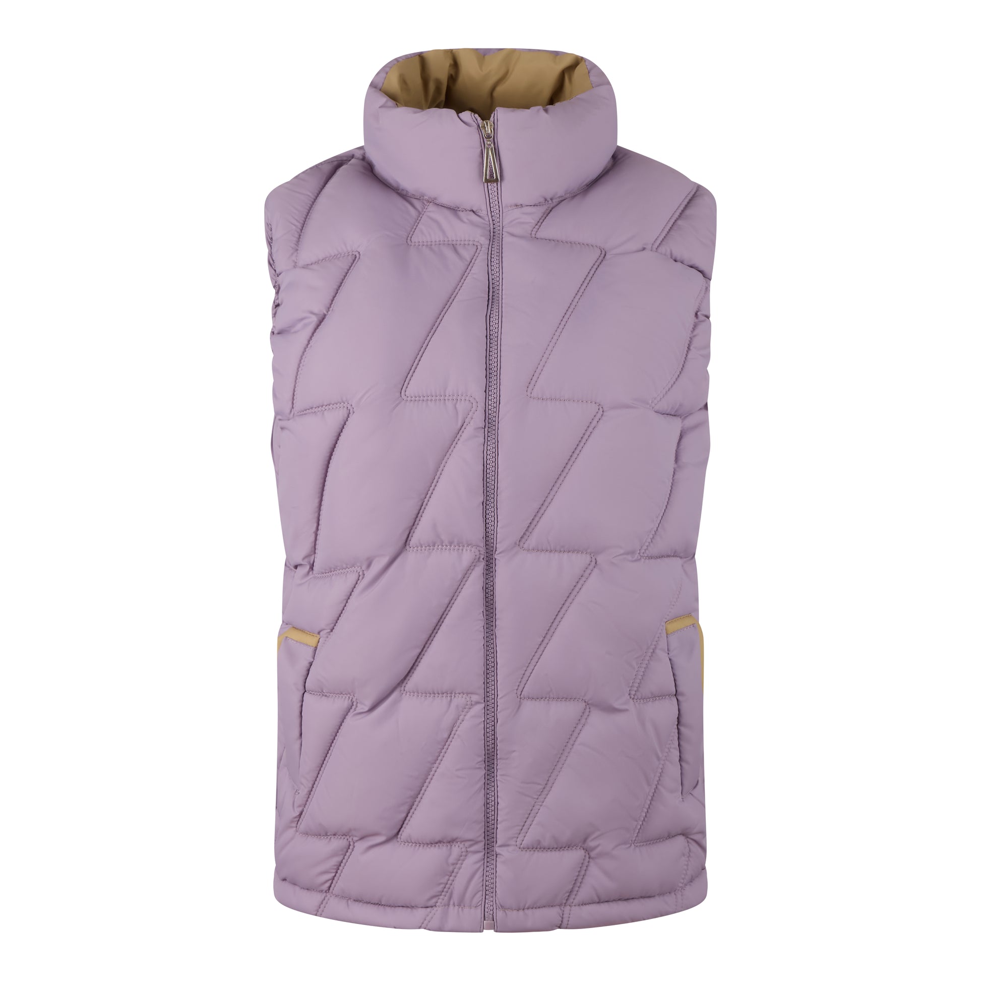 Ladies JDN branded padded gilet in purple with beige lining – sleeveless zip-up jacket with high collar and side pockets