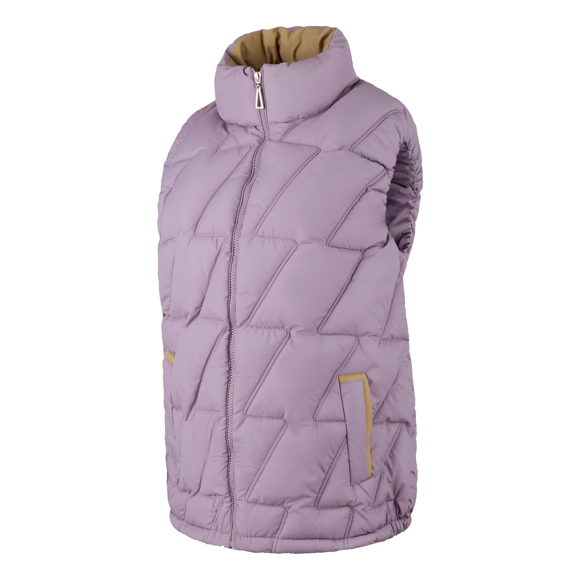Ladies JDN branded padded gilet in purple with beige lining – sleeveless zip-up jacket with high collar and side pockets