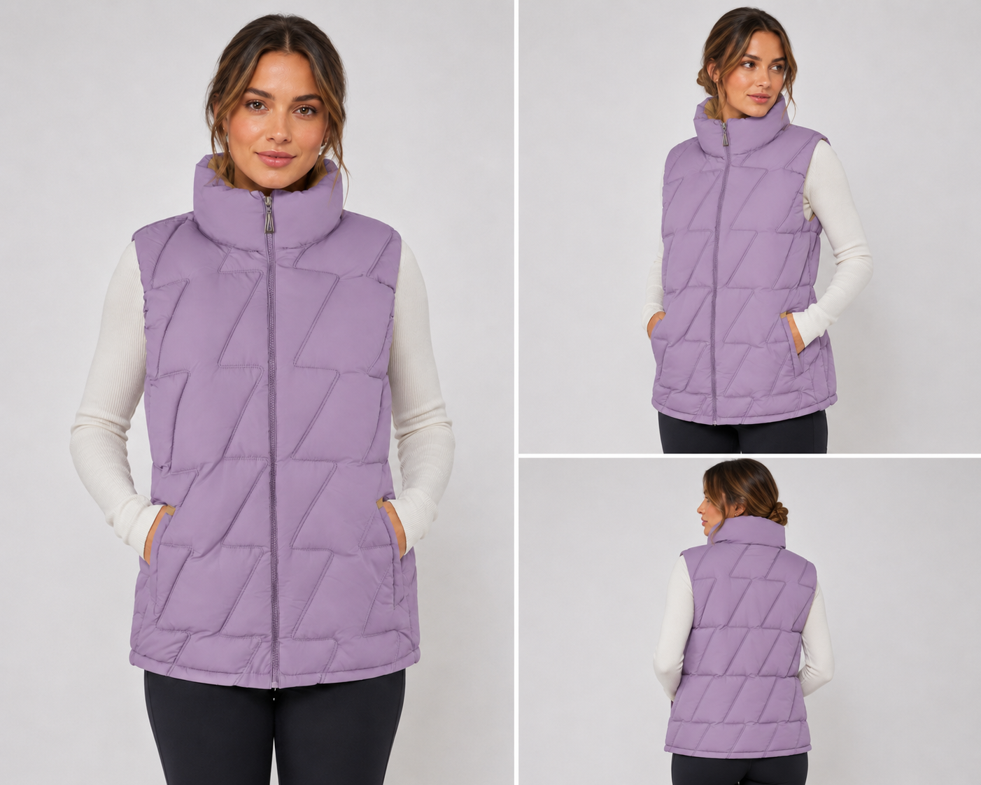 Ladies JDN branded padded gilet in purple with beige lining – sleeveless zip-up jacket with high collar and side pockets