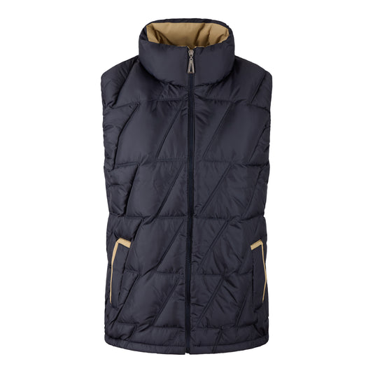 Ladies JDN branded padded gilet in navy with beige lining – sleeveless zip-up jacket with high collar and side pockets