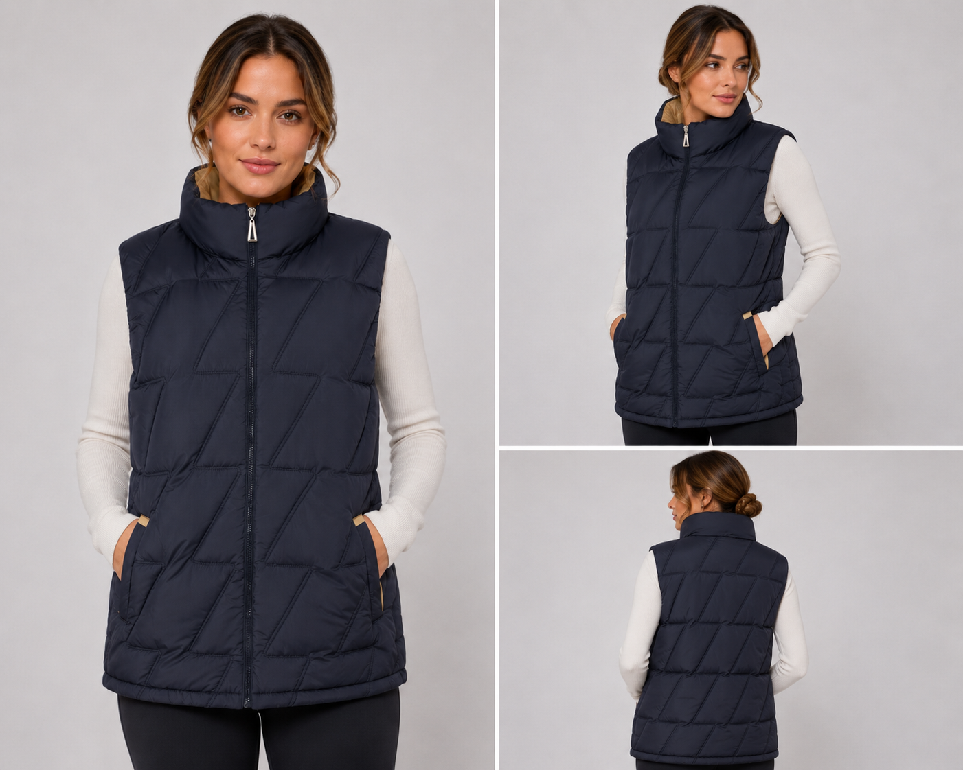 Ladies JDN branded padded gilet in navy with beige lining – sleeveless zip-up jacket with high collar and side pockets