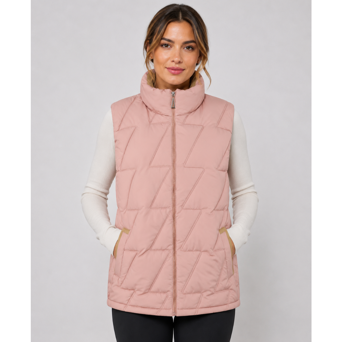 Ladies JDN branded padded gilet in pink with beige lining – sleeveless zip-up jacket with high collar and side pockets