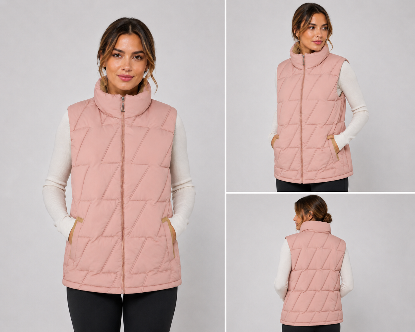 Ladies JDN branded padded gilet in pink with beige lining – sleeveless zip-up jacket with high collar and side pockets