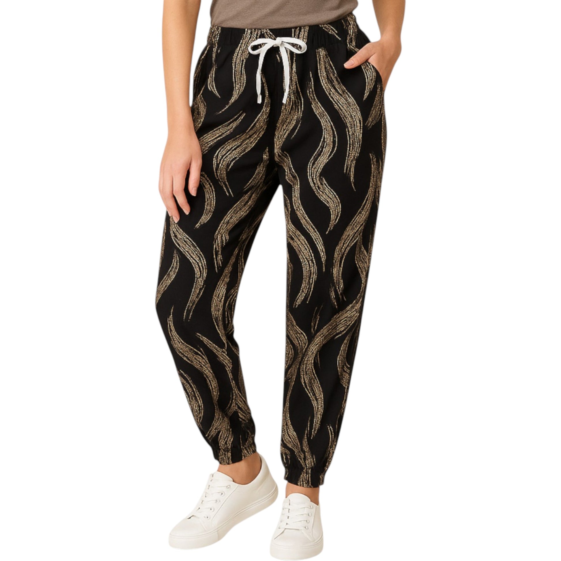 Ladies JDN branded palazzo trousers in black with abstract wavy print and white drawstring waistband