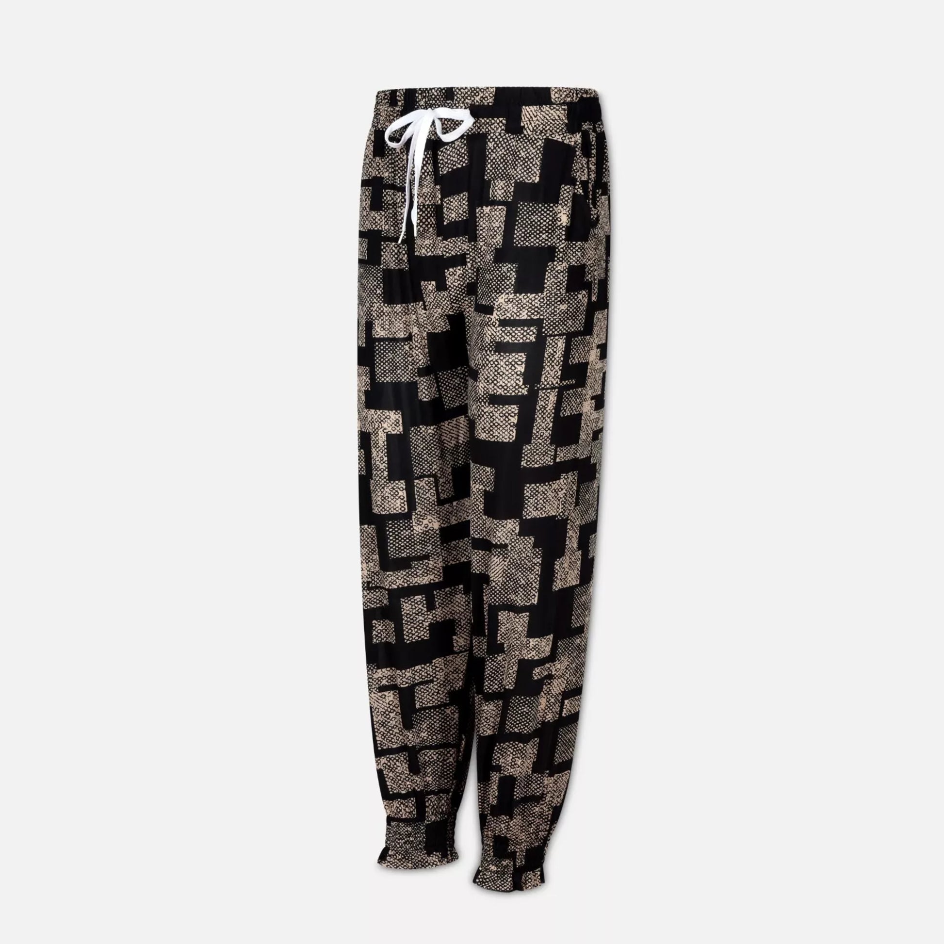 Ladies JDN branded palazzo trousers in black with abstract print and white drawstring waistband