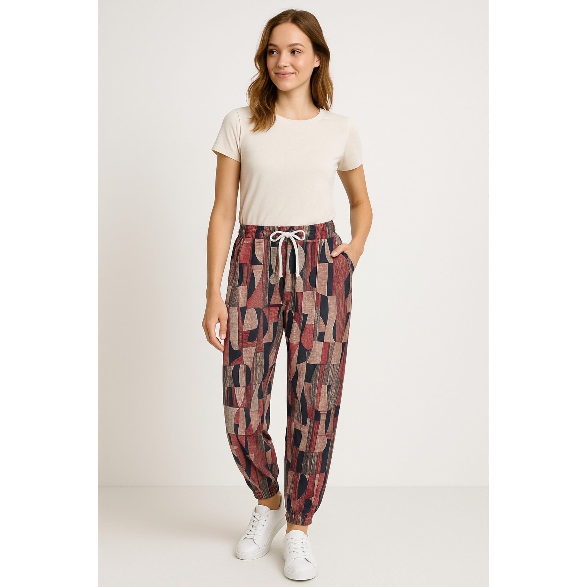Ladies JDN branded palazzo trousers in black and red with abstract print and white drawstring waistband