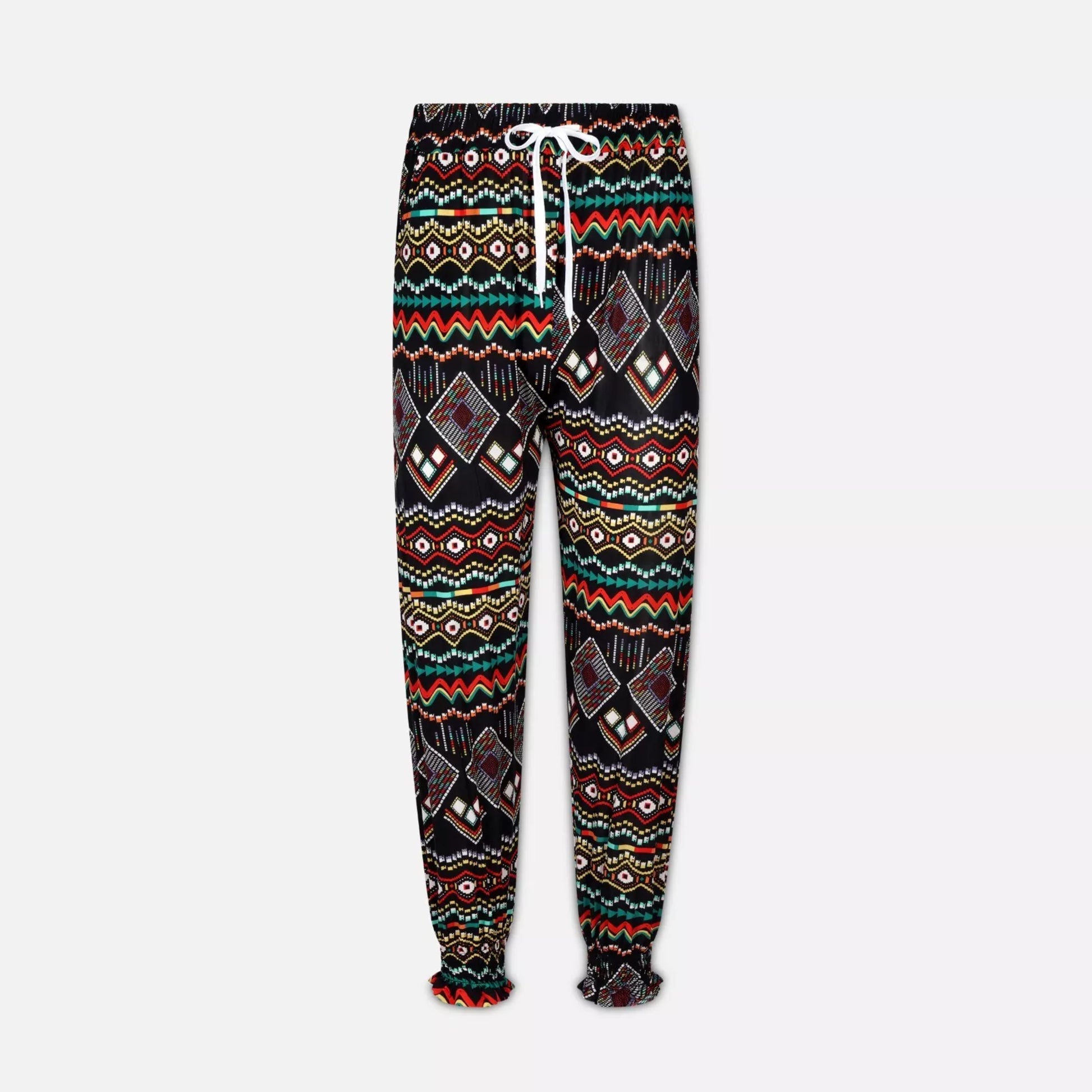 Ladies JDN branded palazzo trousers in black with yellow aztec print and white drawstring waistband