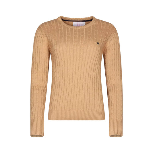 Ladies JDN beige round-neck cable knit jumper with long sleeves and embroidered chest logo