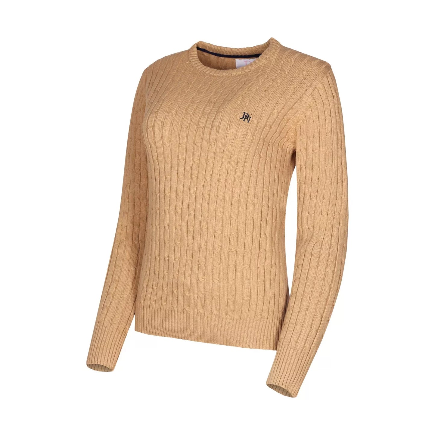 Ladies JDN beige round-neck cable knit jumper with long sleeves and embroidered chest logo