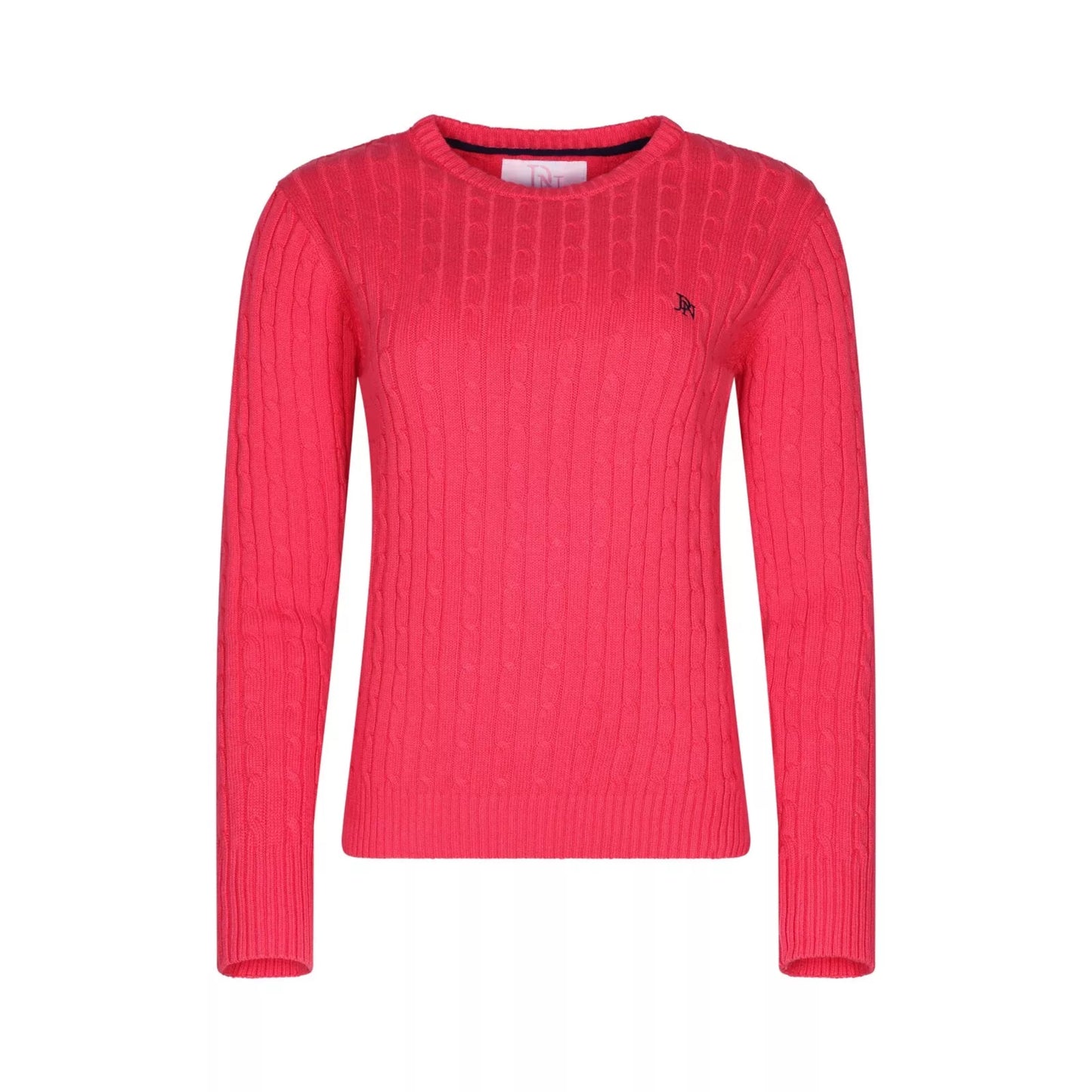 Ladies JDN cherry round-neck cable knit jumper with long sleeves and embroidered chest logo