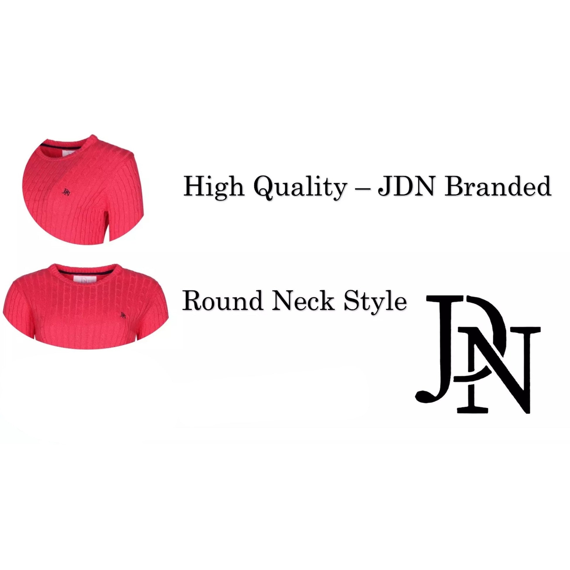 Ladies JDN cherry round-neck cable knit jumper with long sleeves and embroidered chest logo