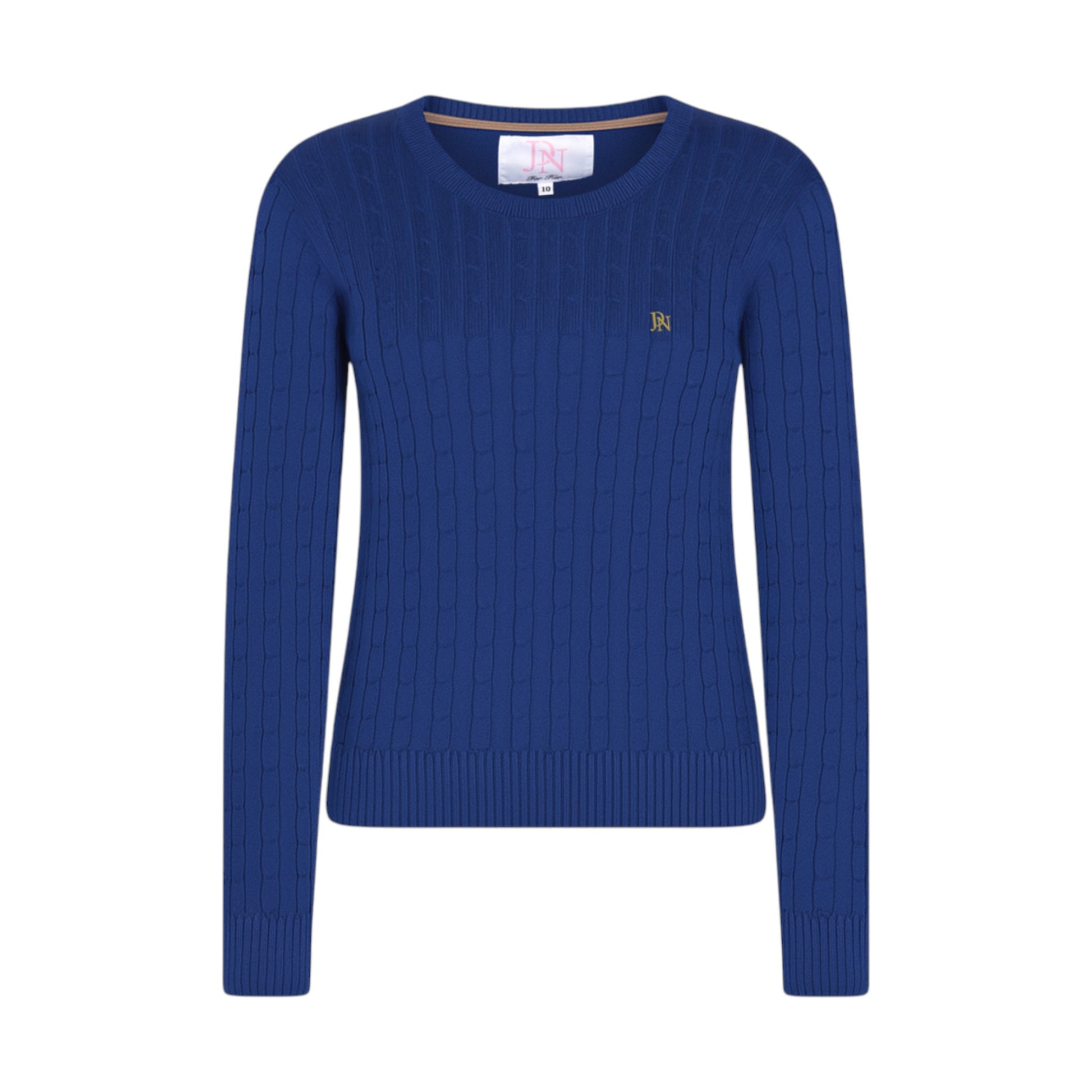 Ladies JDN mid blue round-neck cable knit jumper with long sleeves and embroidered chest logo