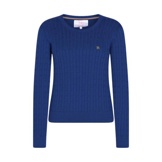 Ladies JDN mid blue round-neck cable knit jumper with long sleeves and embroidered chest logo