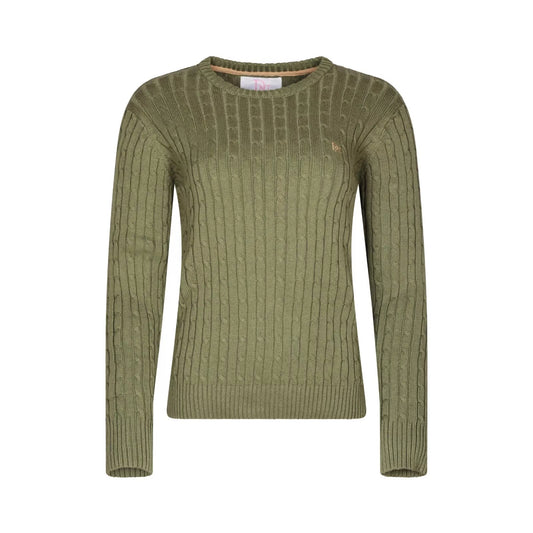 Ladies JDN moss green round-neck cable knit jumper with long sleeves and embroidered chest logo