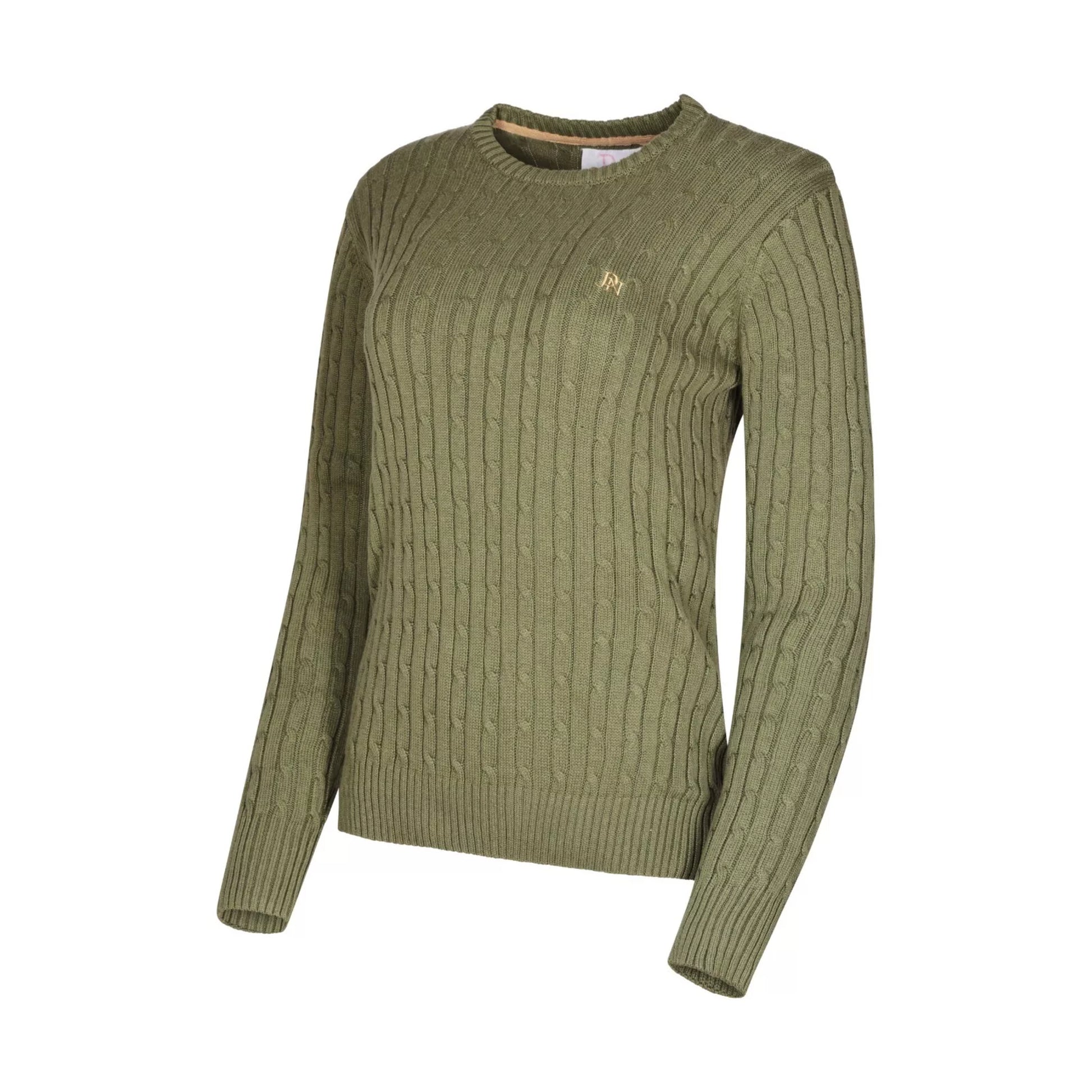 Ladies JDN moss green round-neck cable knit jumper with long sleeves and embroidered chest logo