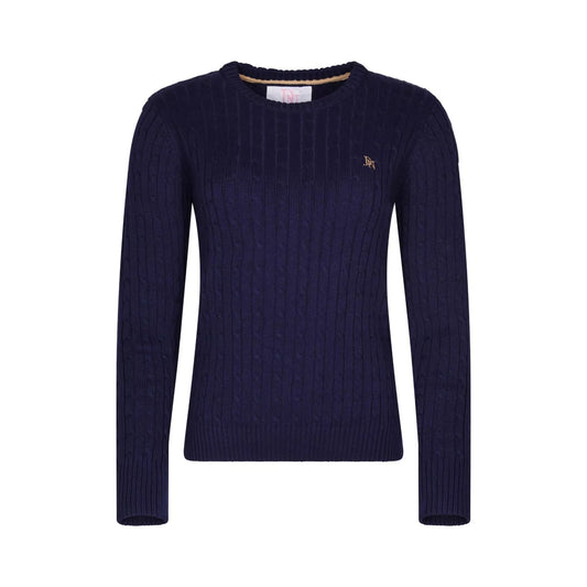 Ladies JDN navy blue round-neck cable knit jumper with long sleeves and embroidered chest logo