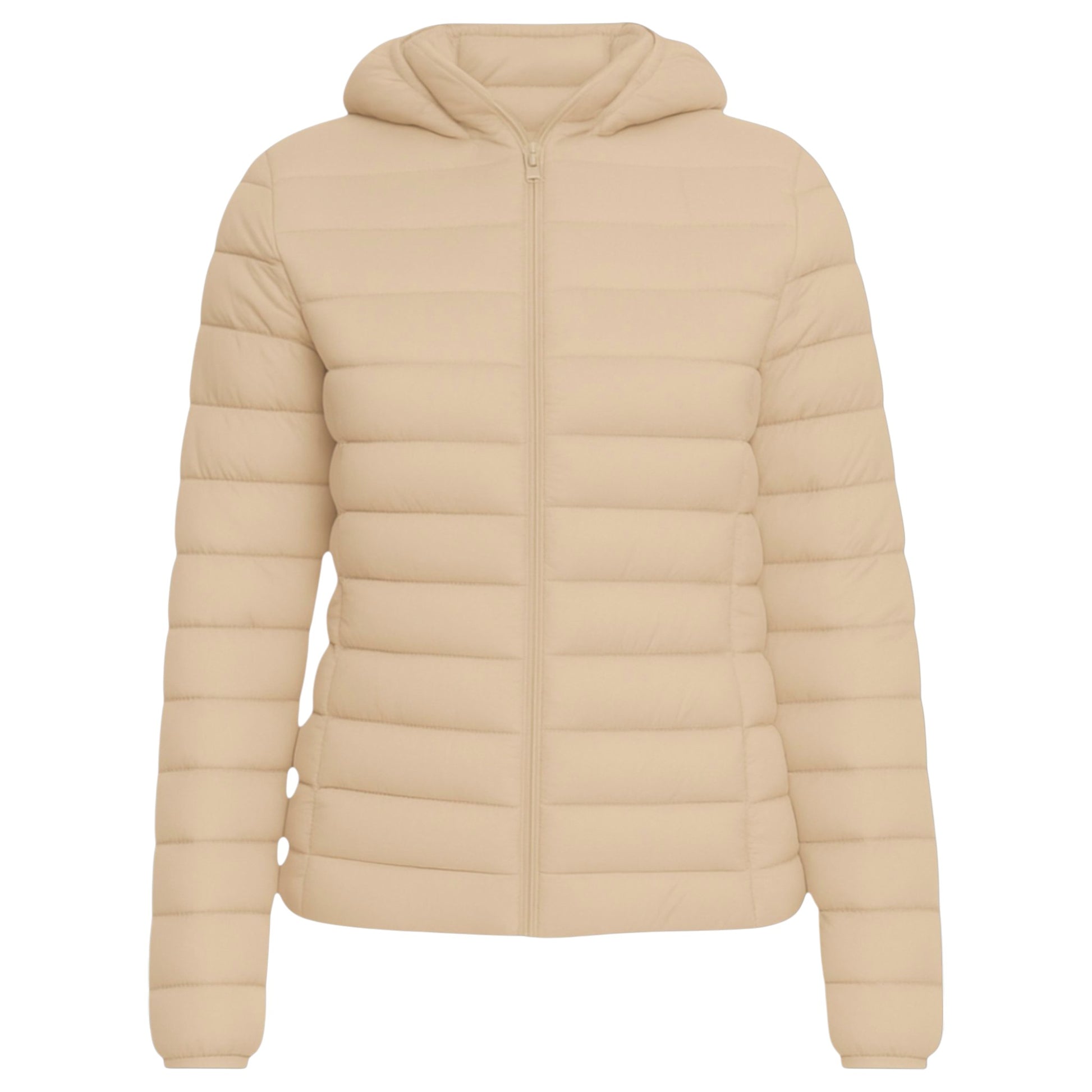 Ladies JDN Puffer Jacket with Detachable Hood – Beige Quilted Winter Coat
