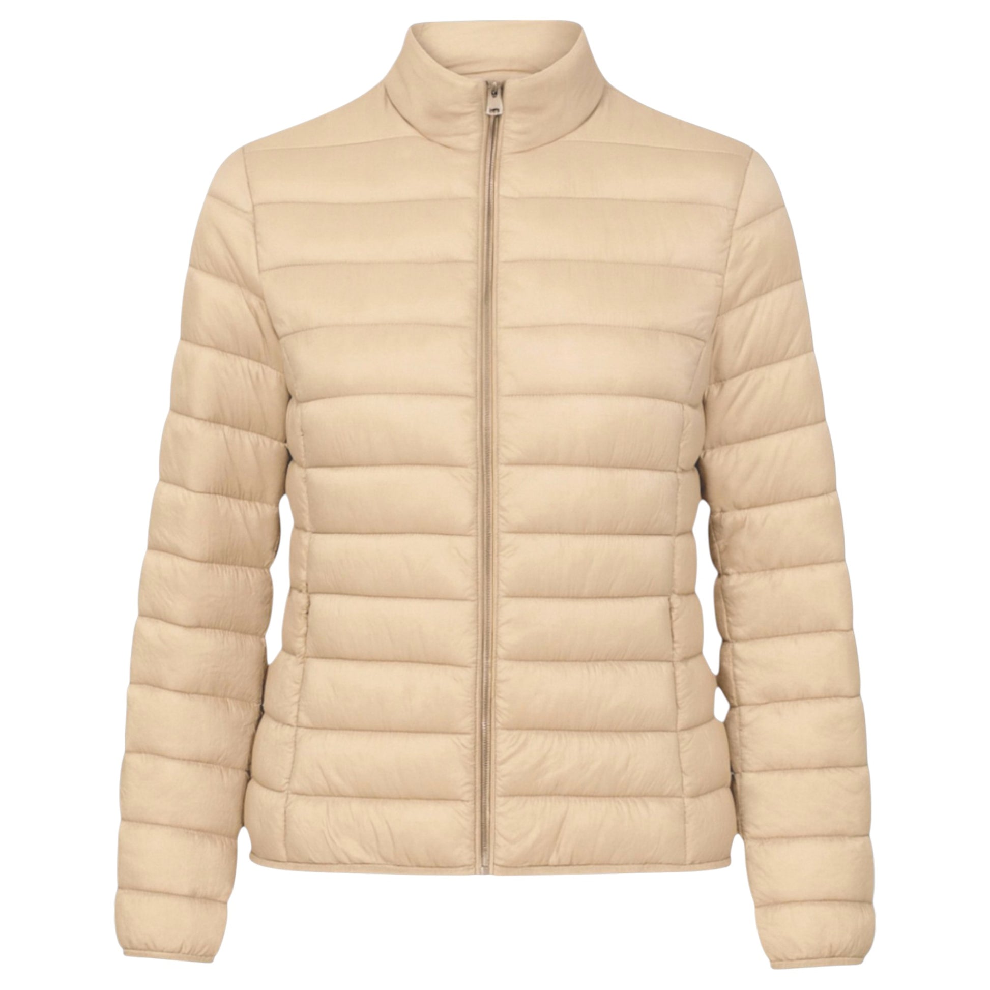 Ladies JDN Puffer Jacket with Detachable Hood – Beige Quilted Winter Coat