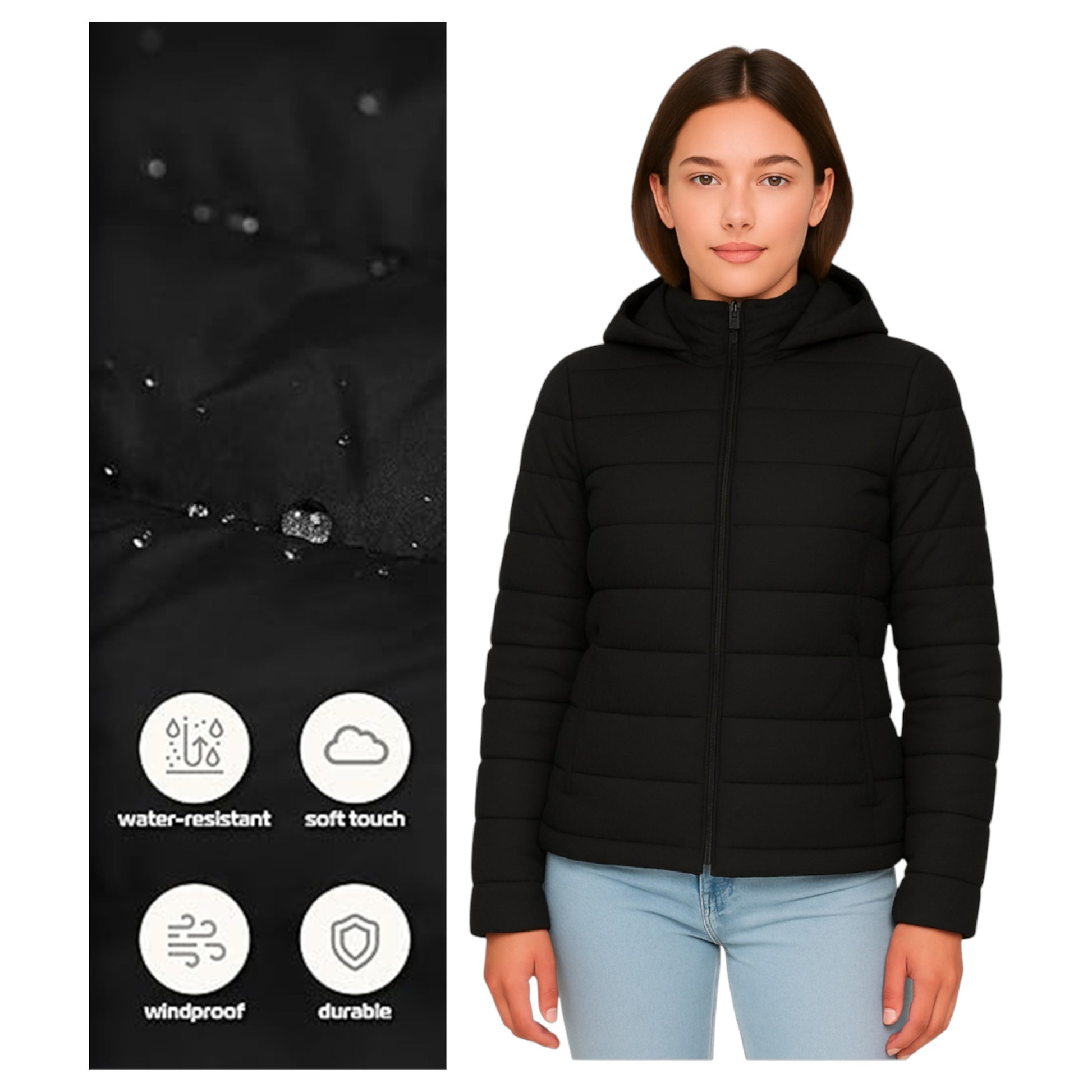Ladies JDN Puffer Jacket with Detachable Hood – Quilted Winter Coat