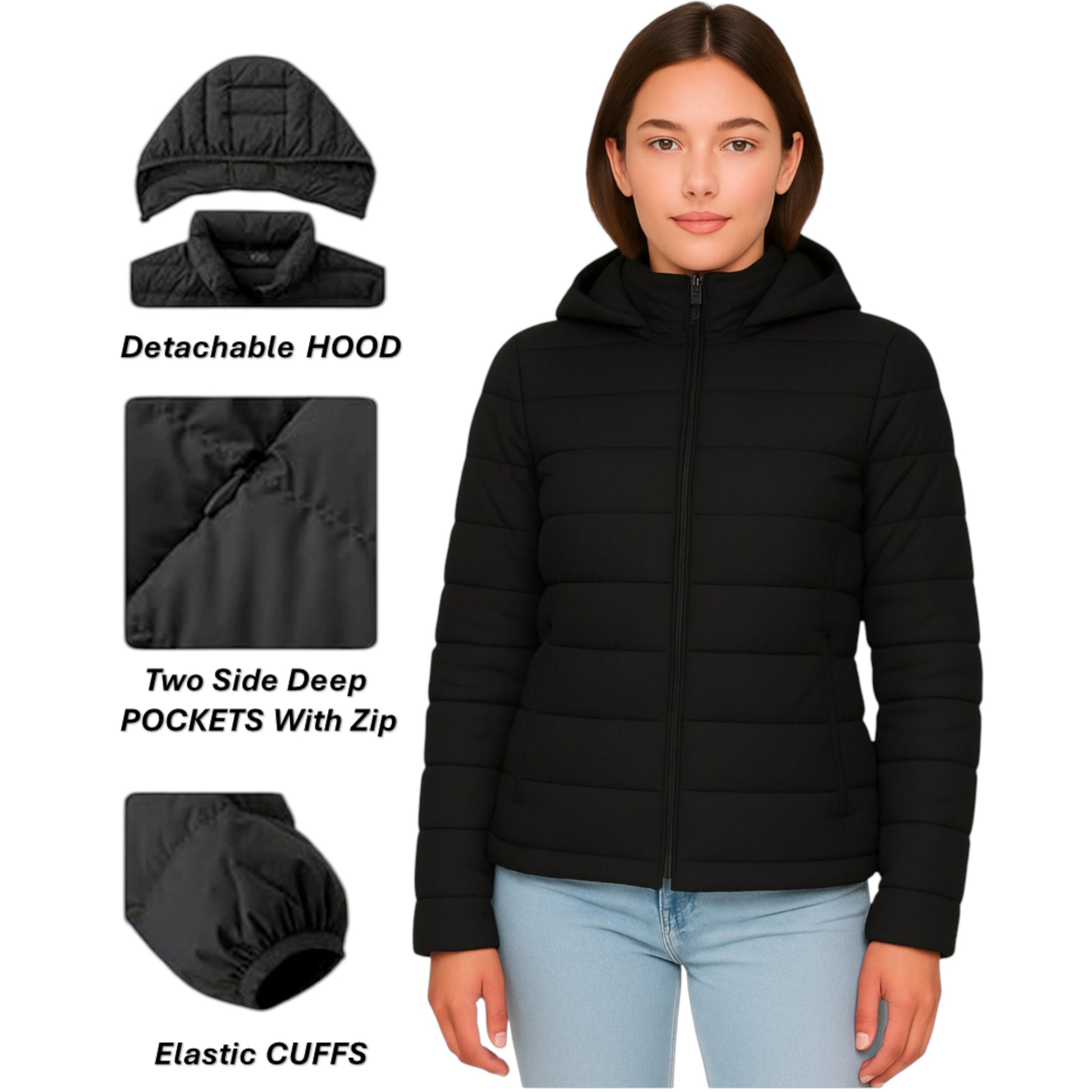 Ladies JDN Puffer Jacket with Detachable Hood – Quilted Winter Coat